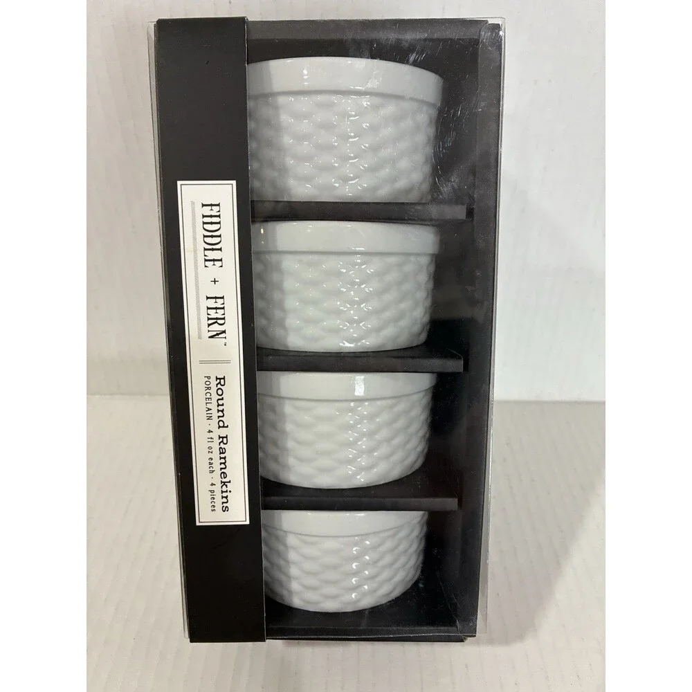 NEW Fiddle and Fern 4 Oz. Honeycomb Round Ramekins 4 Pieces White Porcelain